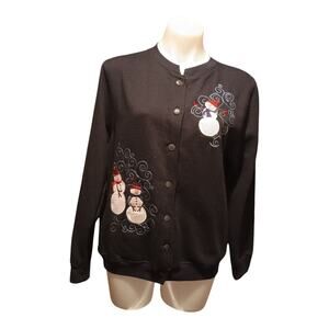 Hartfield Design Vtg Navy Christmas Snowmen Button Sweatshirt Women's Sz Large